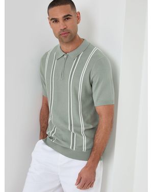 Threadbare Stripe Quarter Zip Knitted Polo Shirt - Green