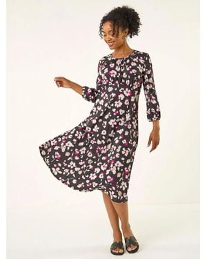 Roman Petite Floral Gathered Midi Dress - White