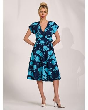 Jolie Moi V-Neck Print Scuba Midi Dress - Blue