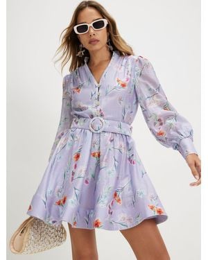 River Island Long Sleeve Floral Print Belted Shirt Mini Dress - Purple