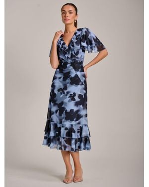 Jolie Moi Ruffle Detail Ruched Mesh Midaxi Dress - Blue