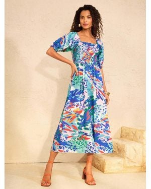 Love & Roses Shirred Puff Sleeve Midi Dress - Blue