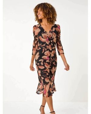 Roman Ruched Floral Frill Dress - White