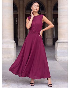 Roman Belted Fit And Flare Dress - Purple