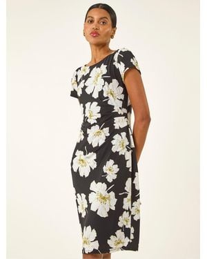 Roman Floral Gathered Shift Dress - White