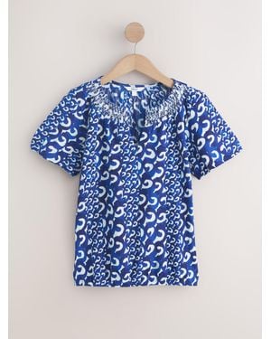 Next Short Sleeve Notch Neck Shirred Bubblehem Top - Blue