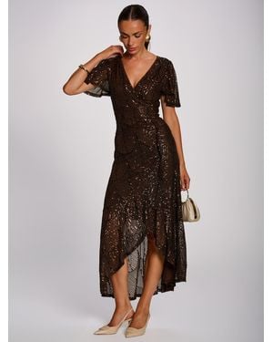Jolie Moi Sequin Angel Sleeve Flare Hem Maxi Dress - Brown
