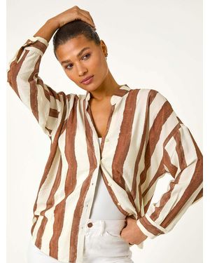 Roman Stripe Print Relaxed Button Shirt - Brown