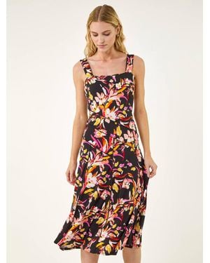 Roman Floral Print Paneled Midi Dress - White
