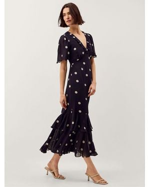 Monsoon Rowena V-Neck Polka Dot Flutter Sleeve Ruffle Midi Dress - Blue