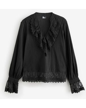 The Kooples Long Sleeved 100% Cotton Top With Ruffle - Black