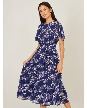 Yumi' Blossom Print Midi Skater Dress With Angel Sleeves - Blue