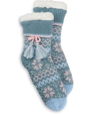 Totes Fair Isle Knit Crop Slipper Socks With Sherpa Lining - Blue
