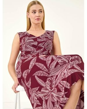 Roman Leaf Print Twist Front Stretch Dress - Red