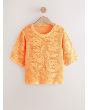 Next Fluro Floral Crochet Short Sleeve Crew Neck T-Shirt - Orange
