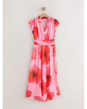 Next Pleated Mesh Print V-Neck Occasion Maxi Dress - Pink