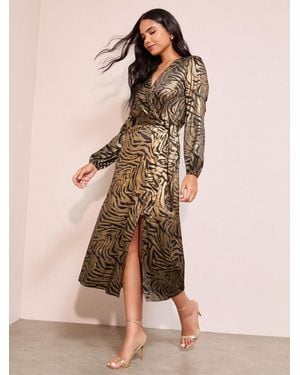 Friends Like These Long Sleeve Animal Foil Wrap Midi Dress - Natural