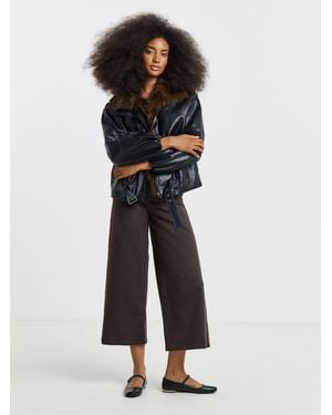 Simply Be Fur Collar Quilt Lined Faux Leather Jacket - Black