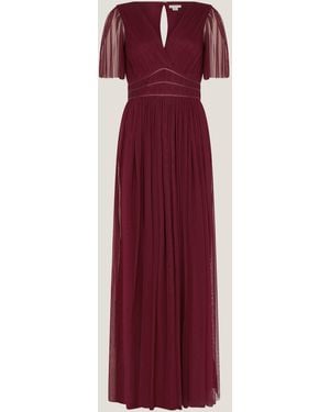 Monsoon Emily V-Neck Short Sleeve Pleated Tulle Maxi Bridesmaid Dress - Rot