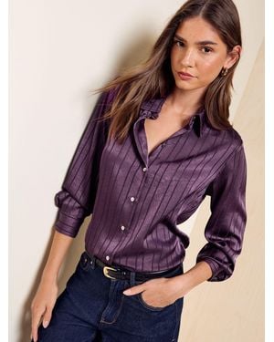 Friends Like These Aubergine Swirl Print Lurex Long Long Satin Shirt - Purple
