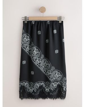 Next Satin Midi Skirt With Lace Trim - Black