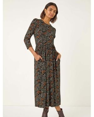 Roman Ditsy Floral Gathered Midi Dress - Black