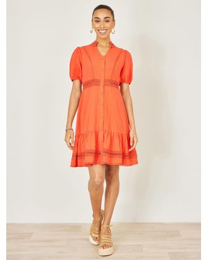 Yumi' Cotton Lace Trim Skater Shirt Dress - Orange