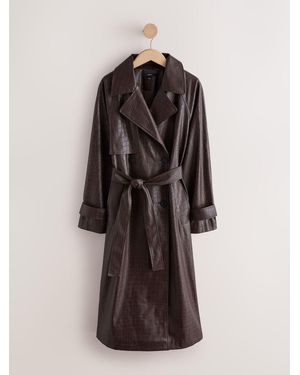 Next Chocolate Faux Leather Croc Belted Trench Jackets - Brown