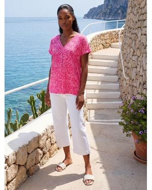 Roman Spot Print V-Neck Pleat Front Top - Pink