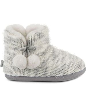 Totes Ladies Knitted Boot Slippers With Pom Pom - White