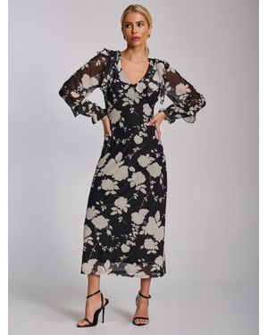 Jolie Moi Ruffle V-Neck Long Sleeve Mesh Midaxi Dress - Multicolor