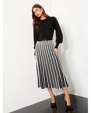 Lipsy Snaffle Trim Crew Neck Long Sleeve Stripe Patterned Knitted Midi Dress - White