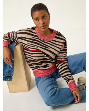 Roman Contrast Animal Print Knit Sweater - Black