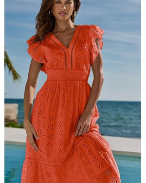 Lipsy Broderie Flutter Sleeve Midi Dress - Orange