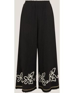 Monsoon Sara Flower Embroidered Wide Leg Pants - Black