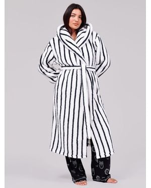 Loungeable Pinstripe Cosy Borg Fleece Midi Hooded Dressing Gown - Weiß