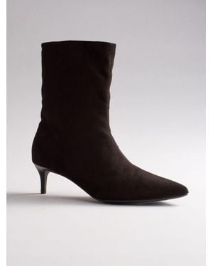 The Set Kitten Heel Ankle Sock Boots Chocolate Faux Suede - Black