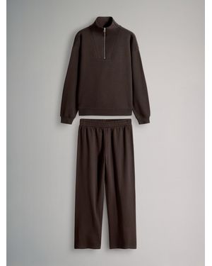 The Set Half Zip Funnel Neck Sweatshirt And Wide Leg Jogger Set - Brown