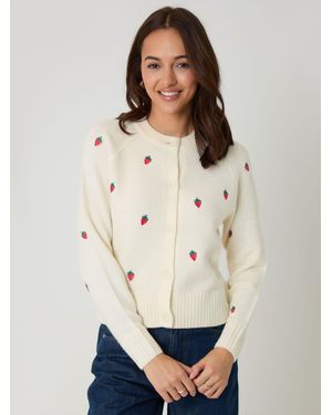 Threadbare Strawberry Embroidery Crew Neck Cardigan - White