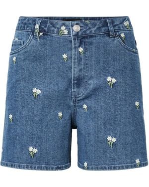 Pieces Embroidered High Waist Denim Shorts - Blue