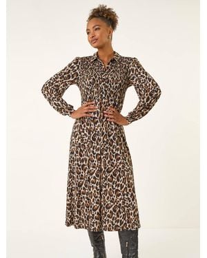Roman Animal Print Shirred Midi Dress - White