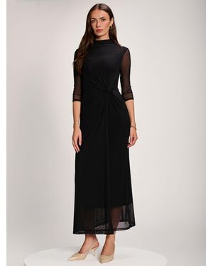 Jolie Moi High Neck Long Sleeve Mesh Maxi Dress - Black