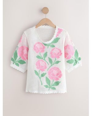 Next Floral Crochet Short Sleeve Crew Neck T-Shirt - White