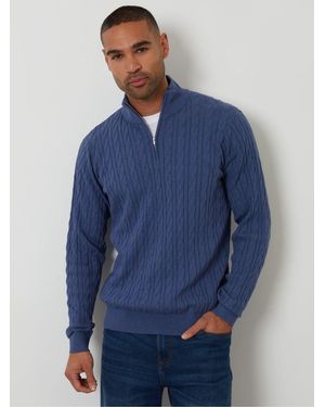 Threadbare Cable Knit Quarter Zip Sweater - Blue