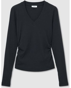 Reiss Sandrine Cotton-Stretch V-Neck Ruched Top - Blue