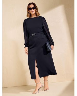 Friends Like These Curve Chiffon Long Sleeve Pencil Midi Dress - Blue