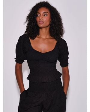 South Beach Spot Smocked Bodice Puff Sleeve Blouse - Black