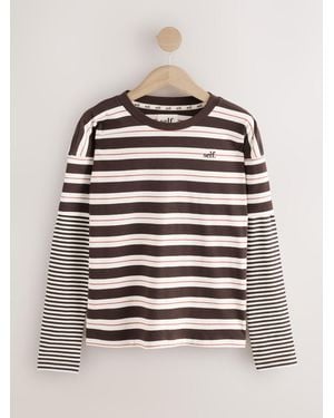 Self Chocolate Stripe T-Shirt With Mock Layer - Brown