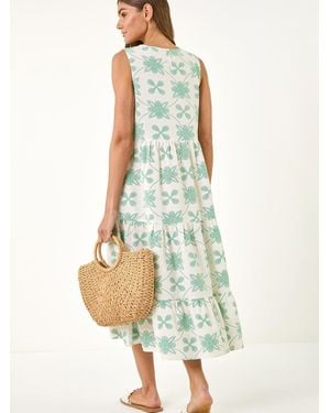 Roman Floral Motif Midi Dress - Green