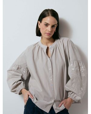 Smith & Soul Taupe Striped & Embroidered Blouse - Gray